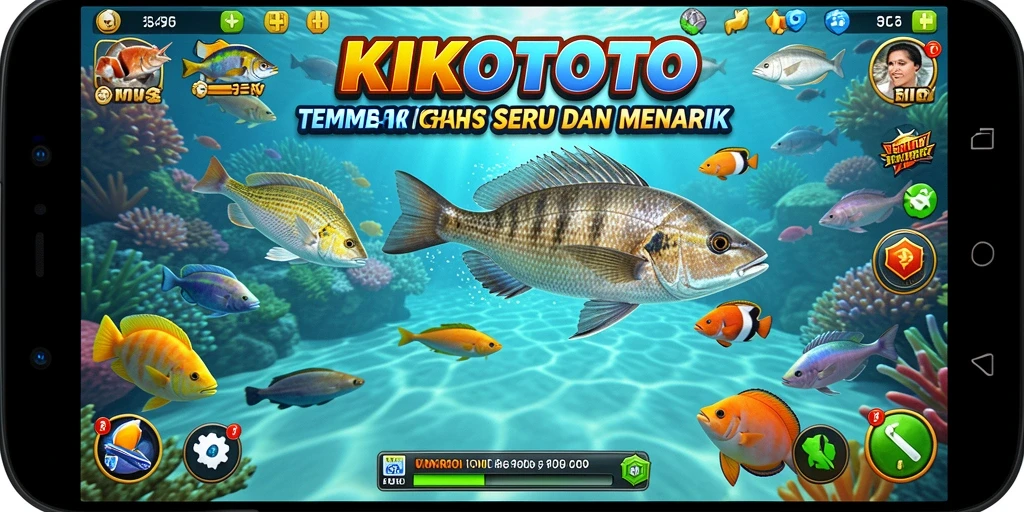 Tampilan gameplay KIKOTOTO dengan berbagai jenis ikan dan senjata menembak.