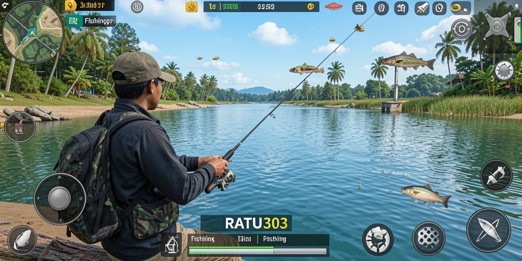 Tampilan gameplay RATU303, menunjukkan aksi memancing yang seru.