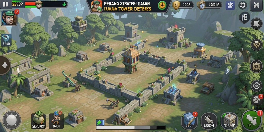 Tampilan gameplay menakjubkan dari SERURP dengan menara dan musuh yang dinamis.