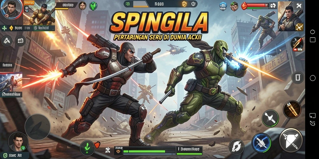 Tangkapan layar utama SPINGILA menampilkan aksi pertempuran yang mendebarkan.